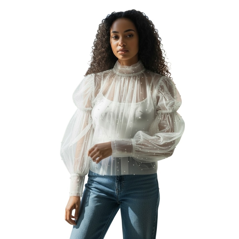 INA White Sheer Mesh Pearl Embellished Puff Sleeve High Neck Blouse Flowy SZ S